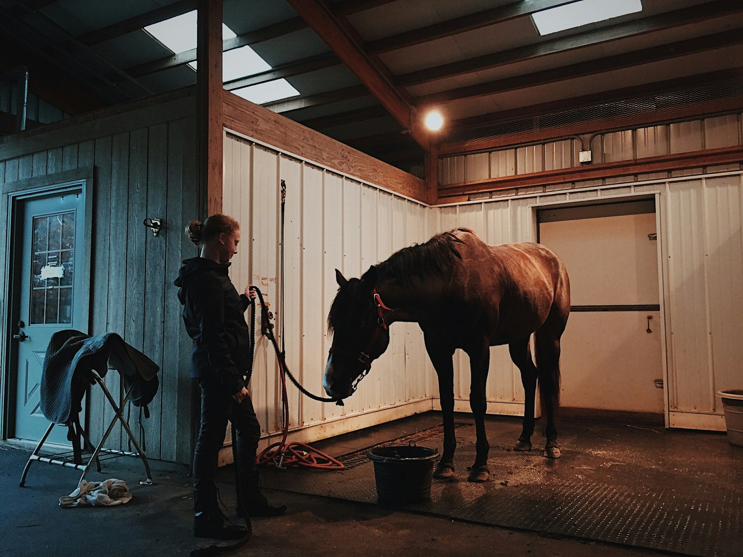Arthur Lenoir with a horse in the barn