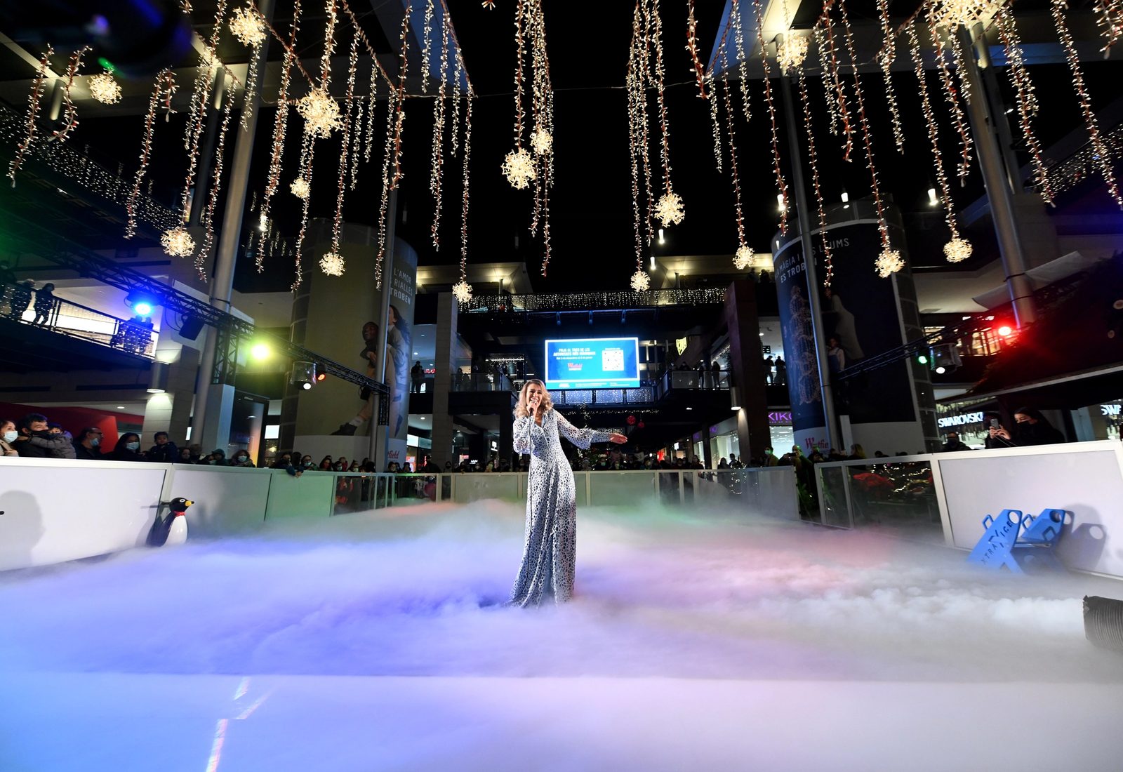 Singer on a stage with lighting and artificial fog
