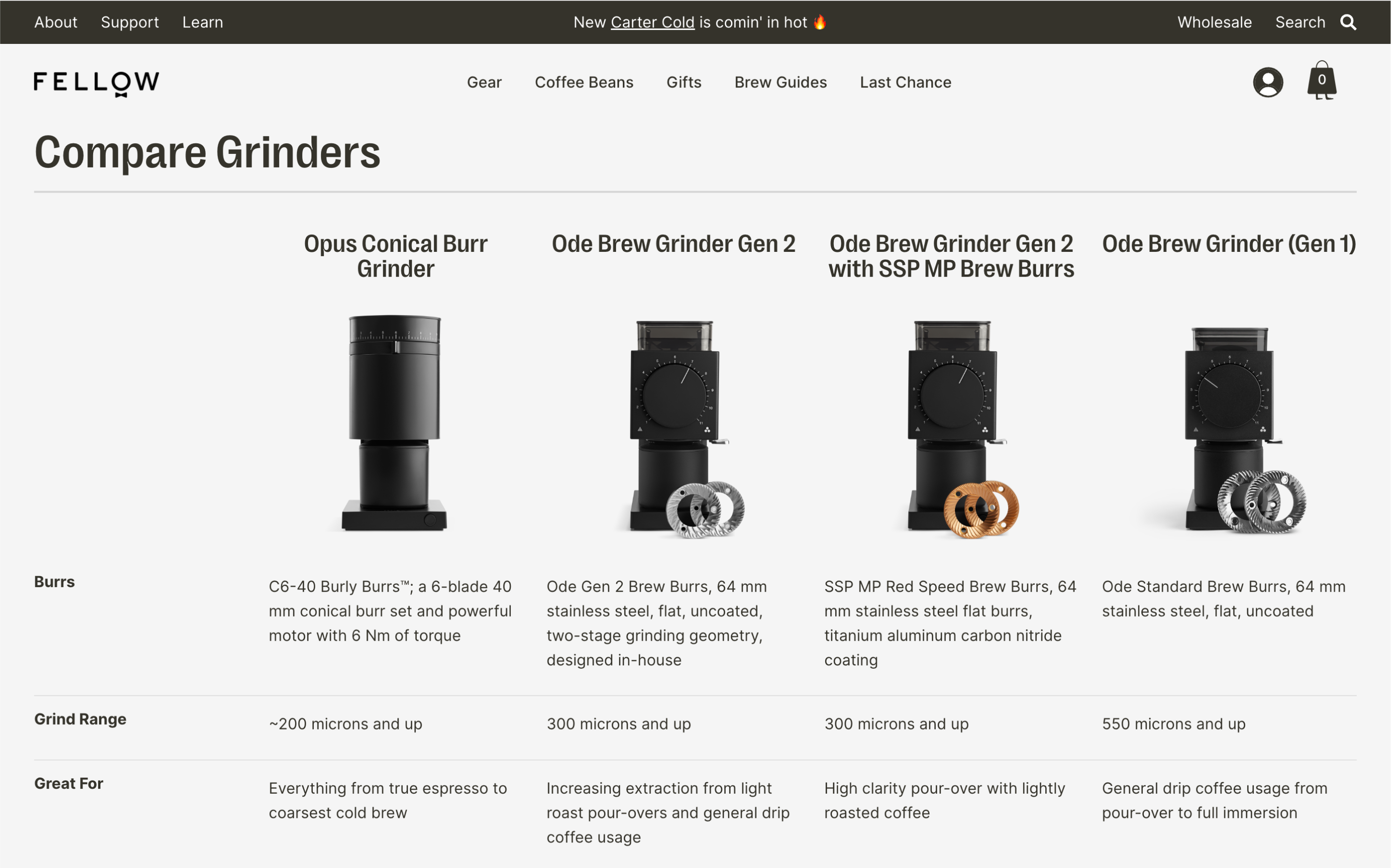 Desktop screenshot from Fellow's site showing grinder comparisons