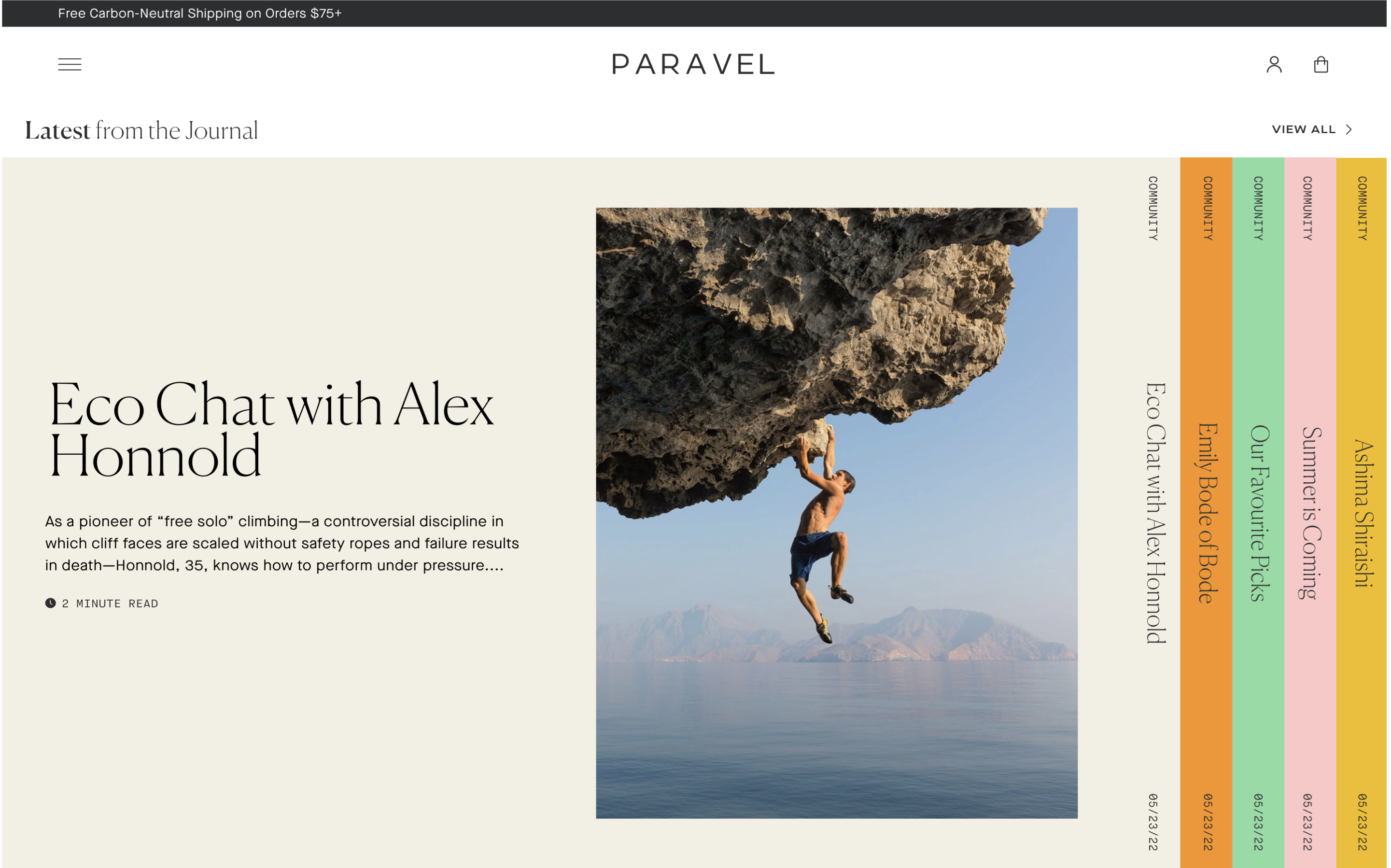 Desktop screenshot of Paravel's content hub, featuring Alex Honnold