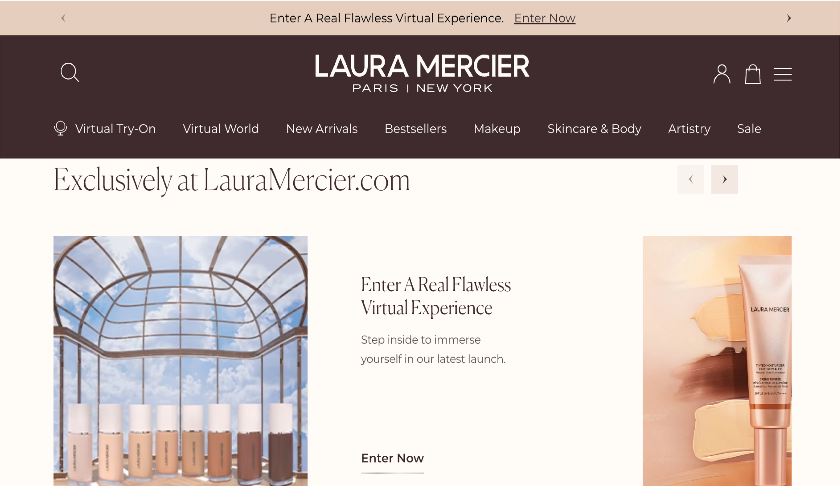 Desktop screenshot of the Laura Mercier site highlighting virtual experiences