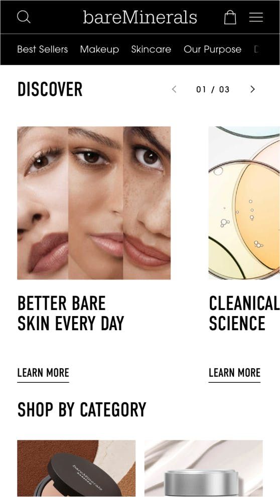 Mobile screenshot of Discover section carousel on bareMinerals site