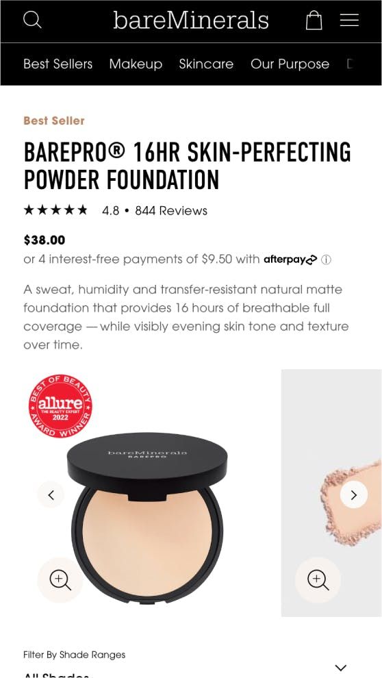 Mobile screenshot of product page on the bareMinerals site