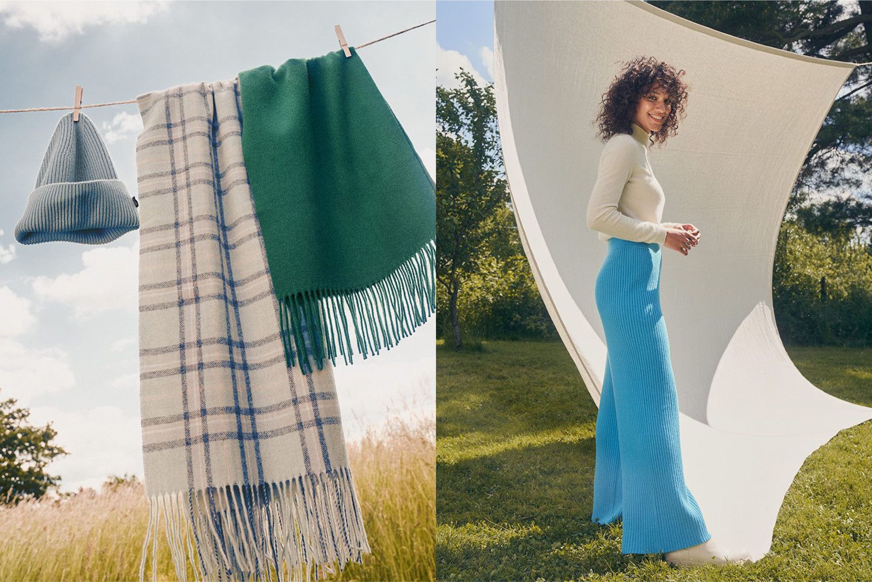 Diptycht image of hanging laundry and a woman smiling with a drying sheet