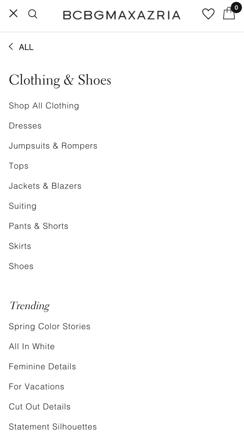 Mobile screenshot of BCBG's navigation menu for Clothing & Shoes