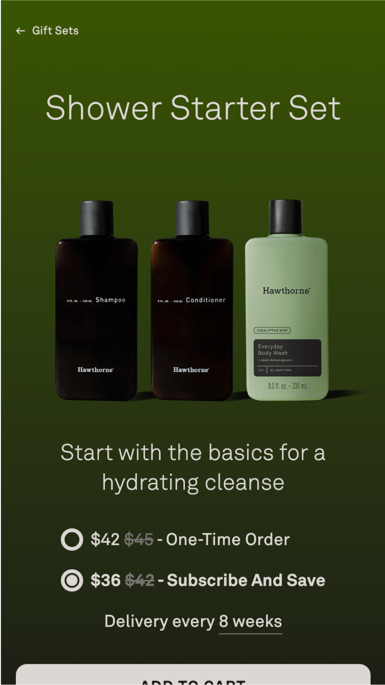 Mobile screenshot of Hawthorne's product page for the Shower Starter Set subscription