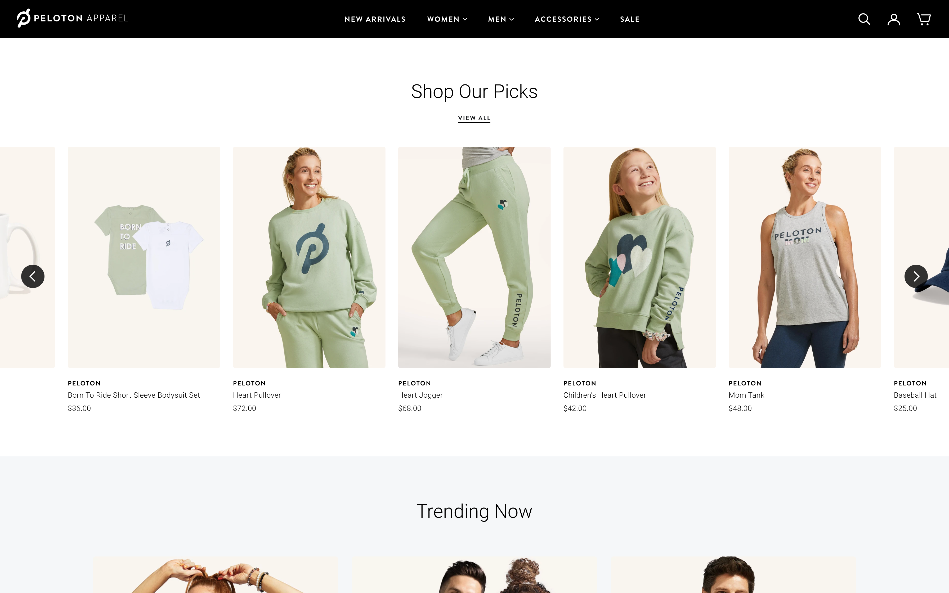 Desktop screenshot of Peloton Apparel's 'Shop our Picks' section