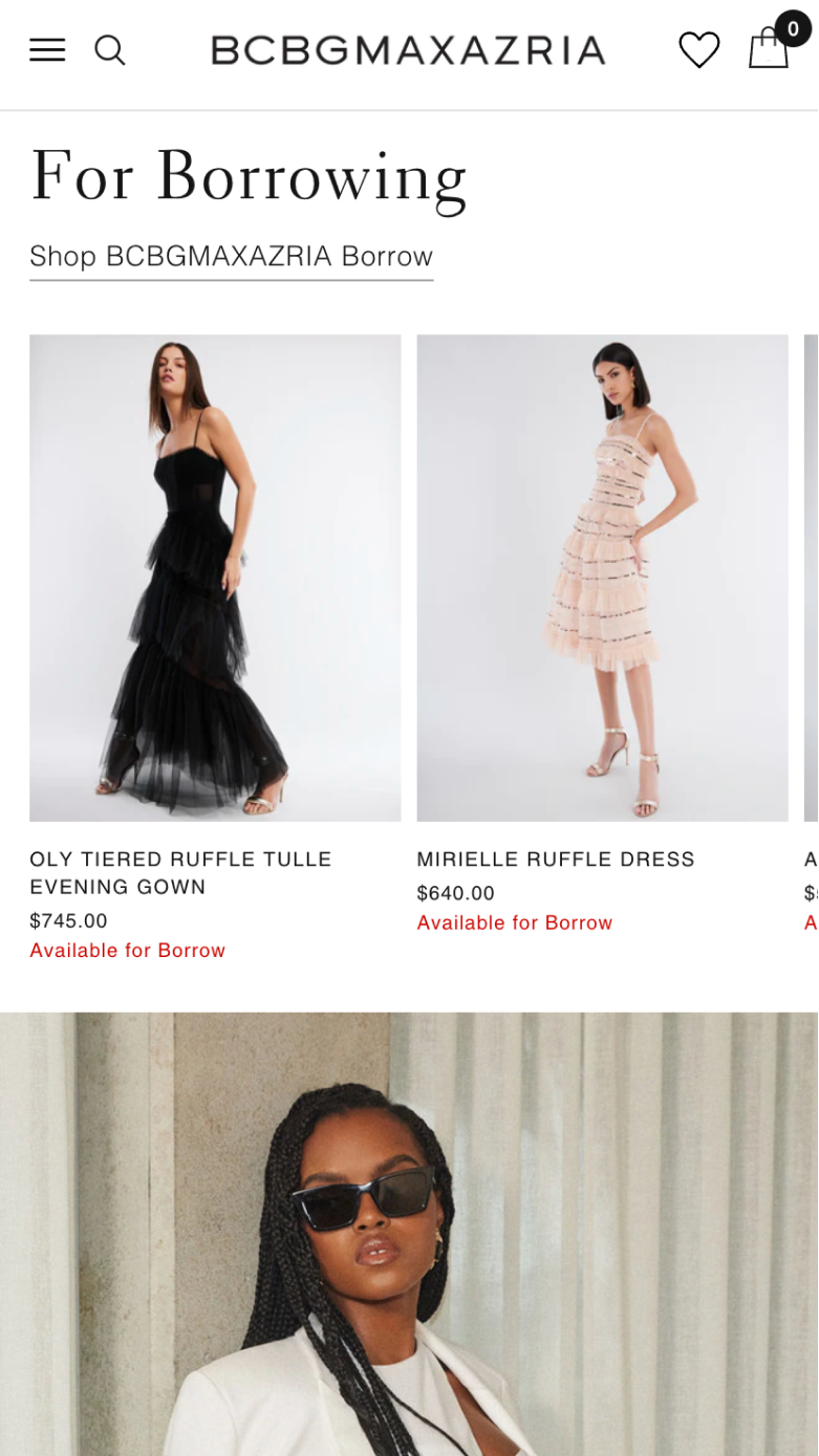 Mobile screenshot of BCBG's 'For Borrowing' collection