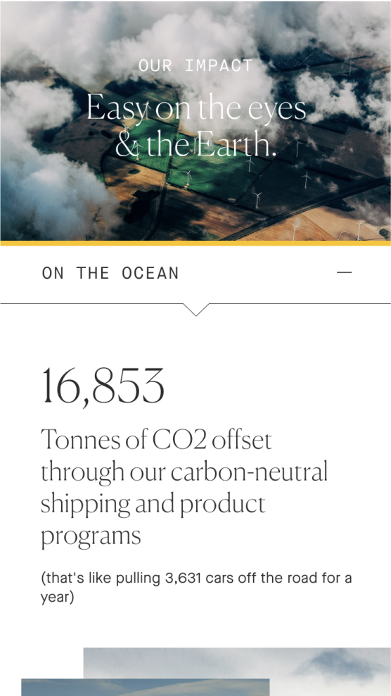 Mobile screenshot of Pavel's website, explaining their carbon impact