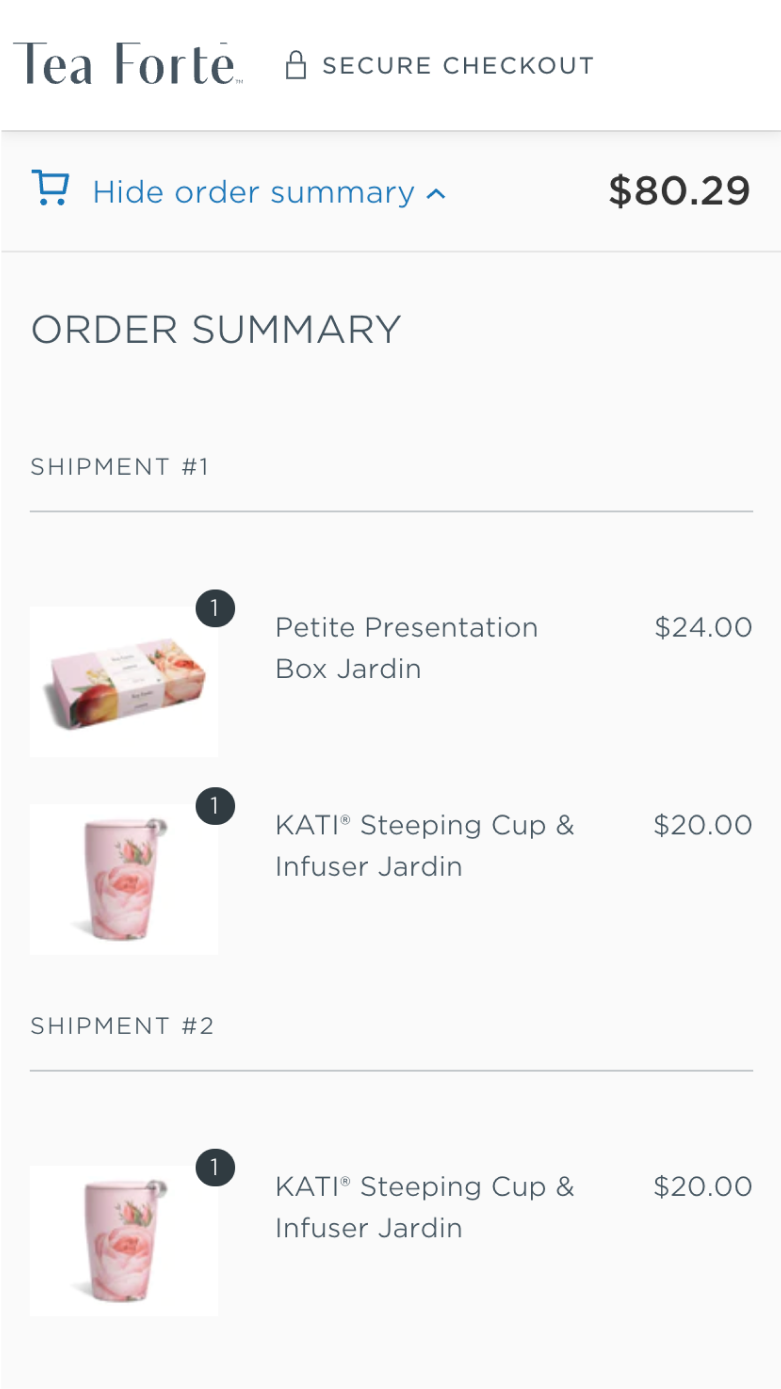 Mobile screenshot of Tea Forté's order summary page