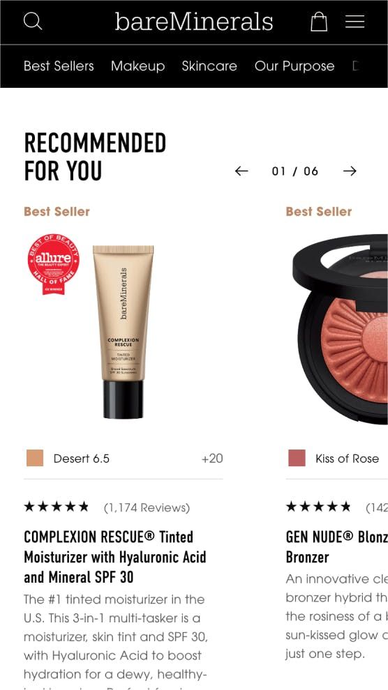 Mobile screenshot of the Recommended for You section on the bareMinerals site