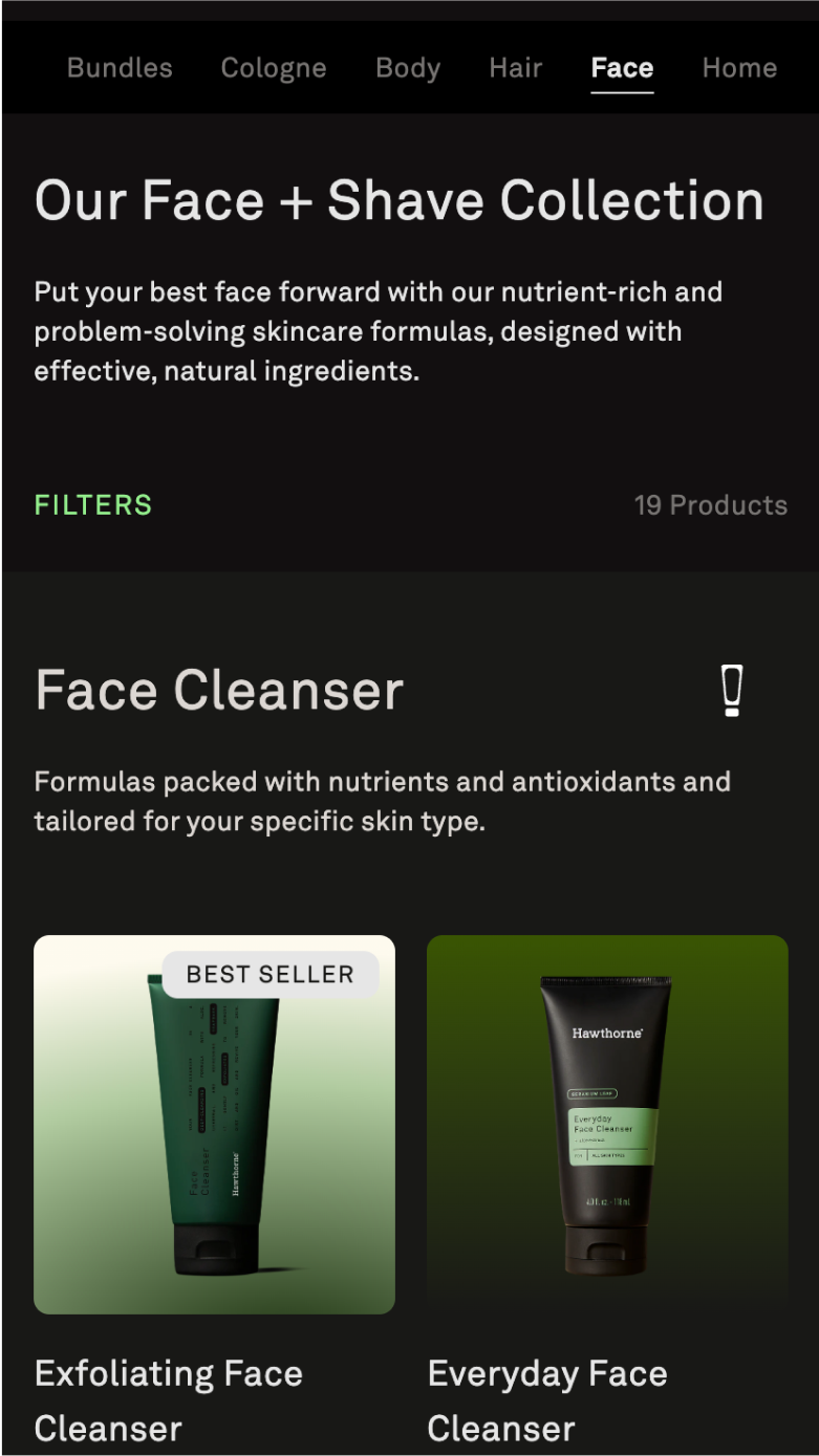 Mobile screenshot of Hawthorne's PLP for their Face + Shave collection