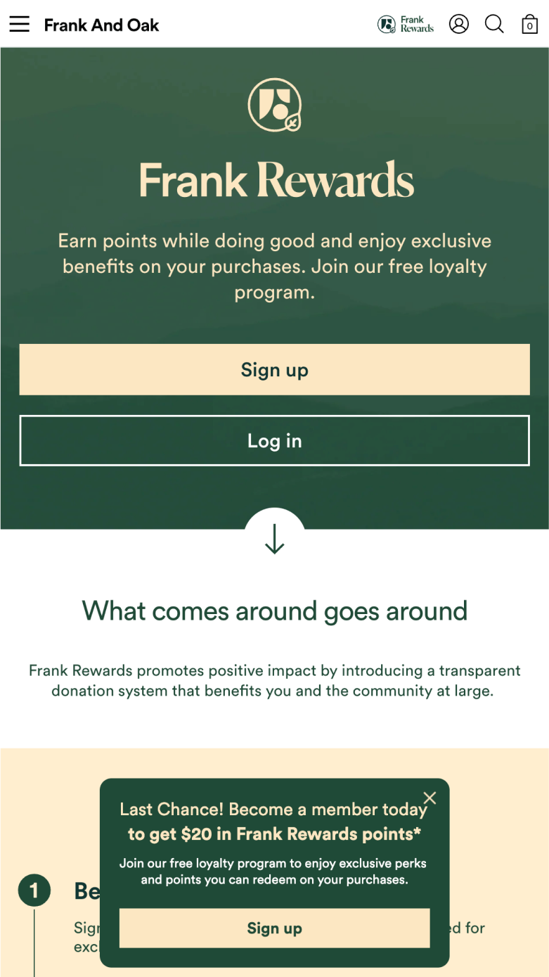 Mobile screenshot of Frank and Oak's 'Frank Rewards' program