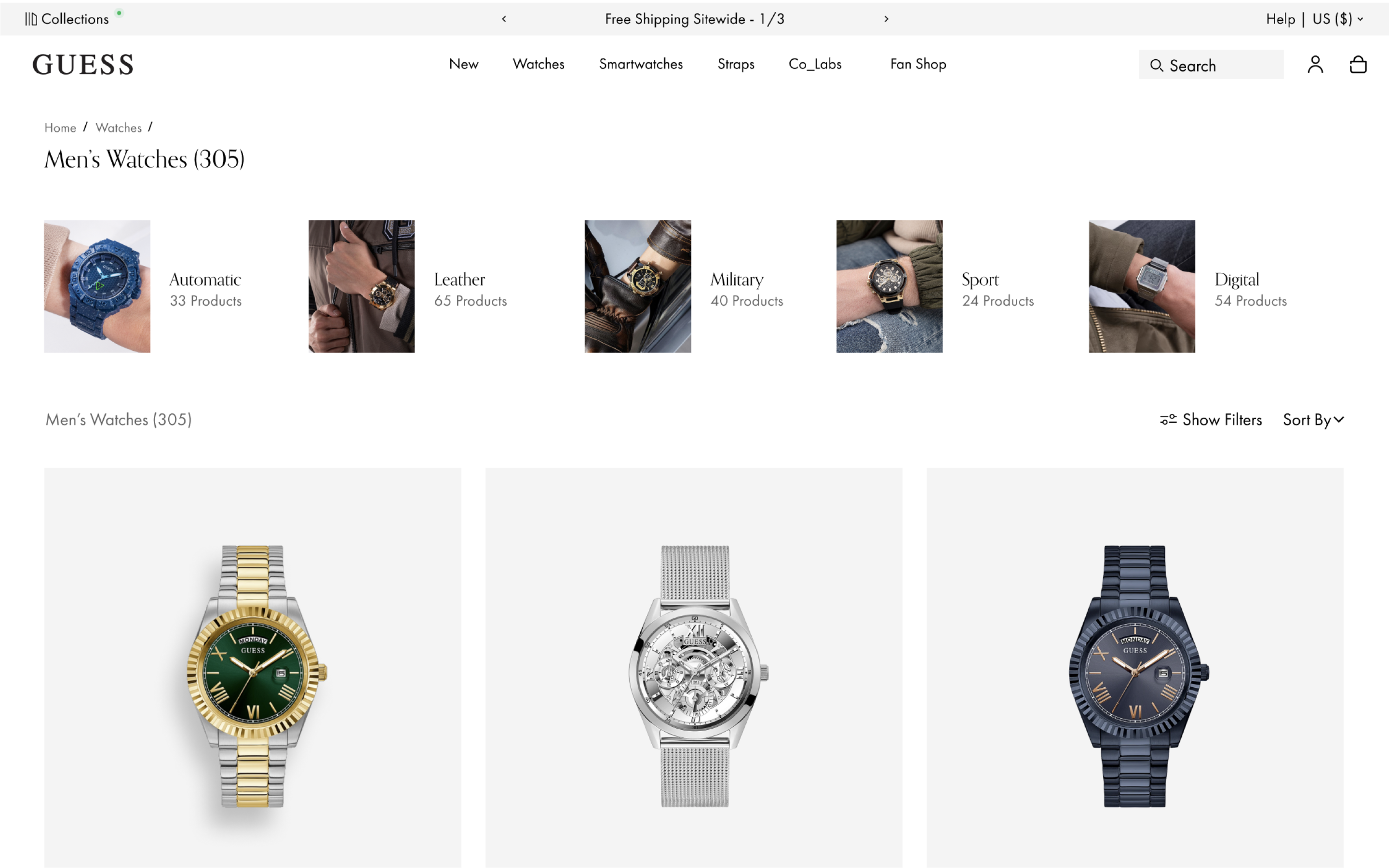 Desktop screenshot from Guess Watches' PLP for Men's watches