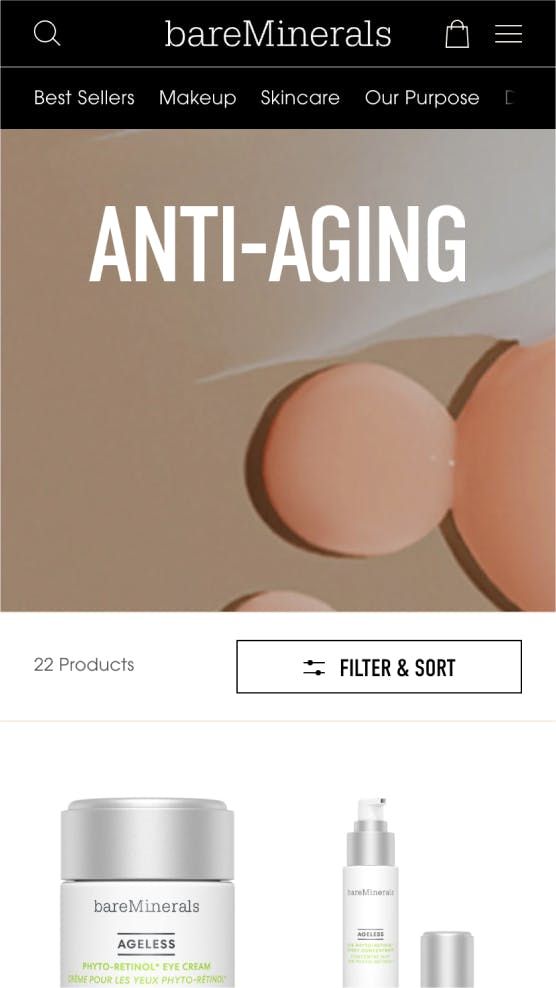 Mobile screenshot of the Anit-Aging PLP on the bareMinerals site