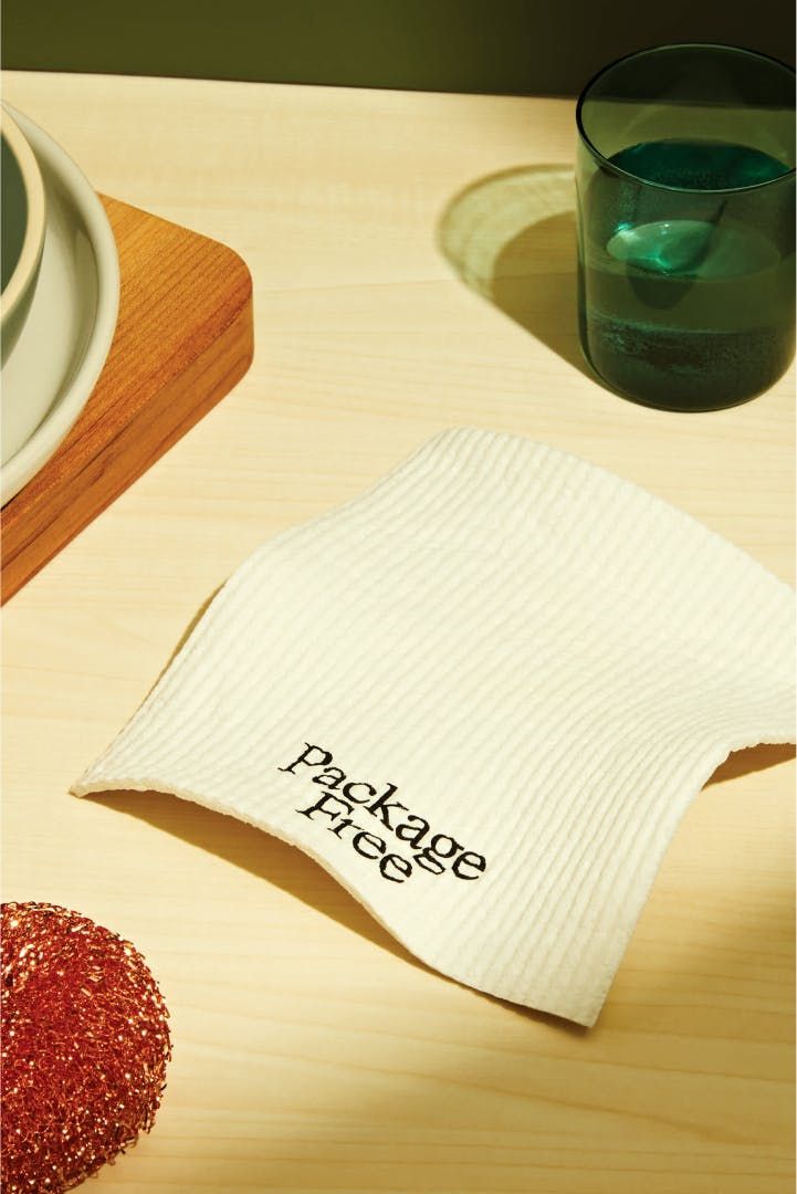 A reusable Package Free towel sitting on a countertop