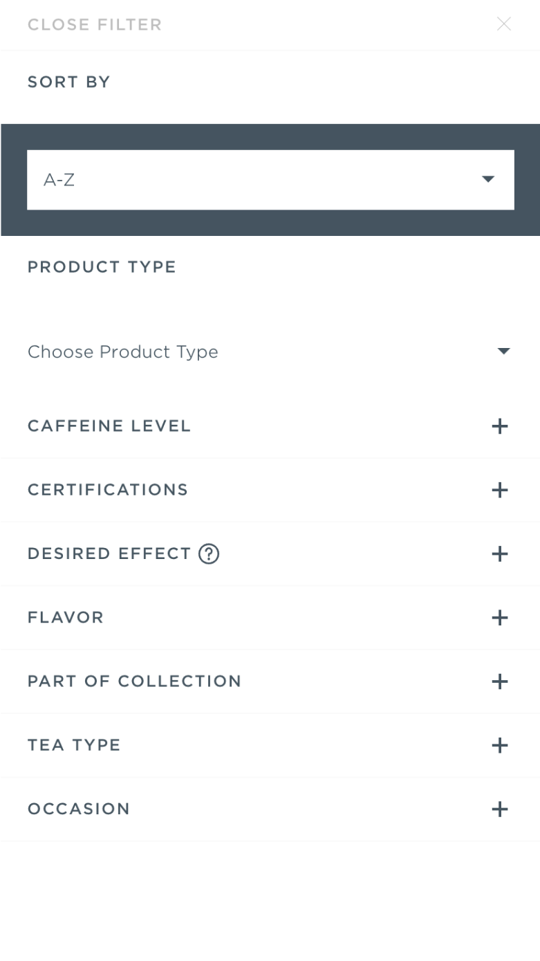 Mobile screenshot of Tea Forté's sort and filter features