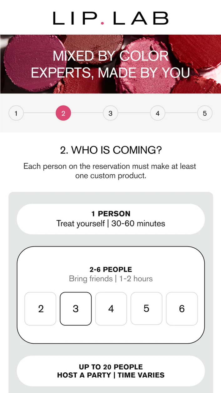 Mobile screenshot of Lip Lab selector for number of people