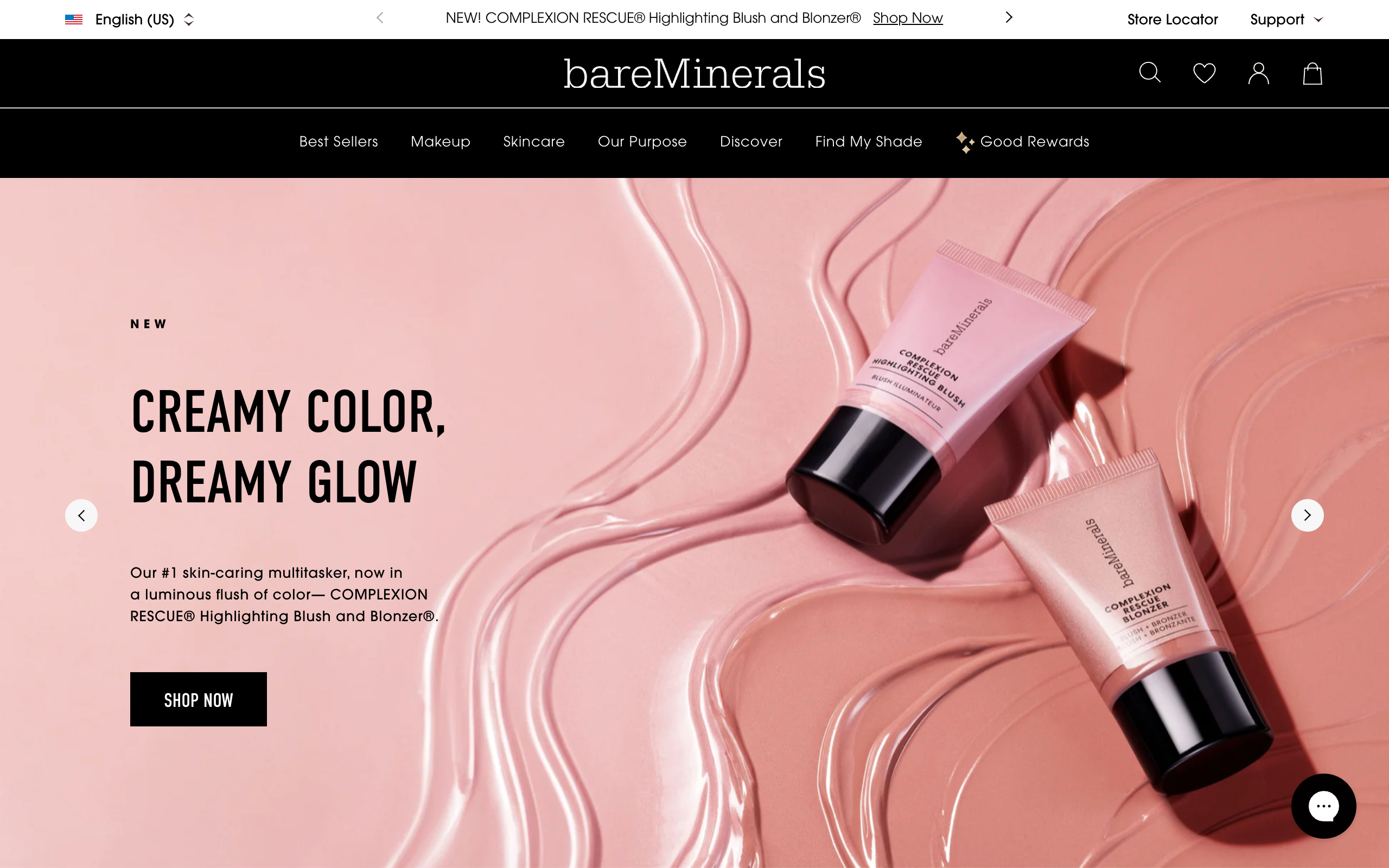 Desktop screenshot of bareMinerals hero section