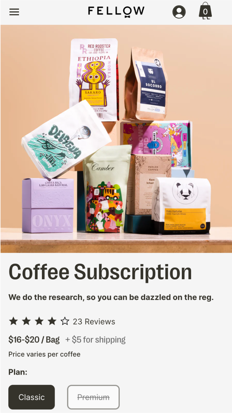 Mobile screenshot of Fellow's coffee subscription page