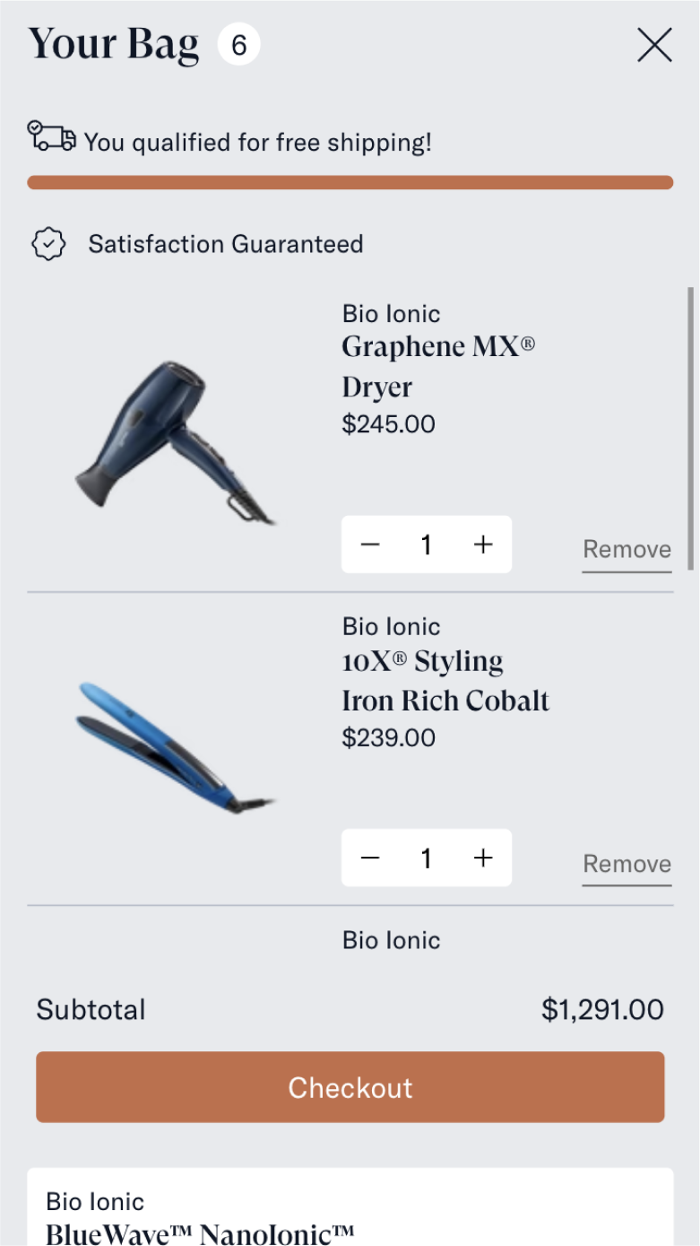 Mobile screenshot of the BioIonic site's shopping cart