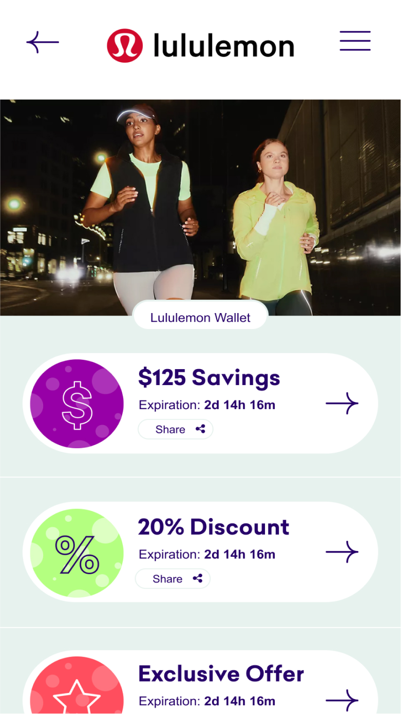 Mobile screenshot of the Redeem app showing Lululemon savings