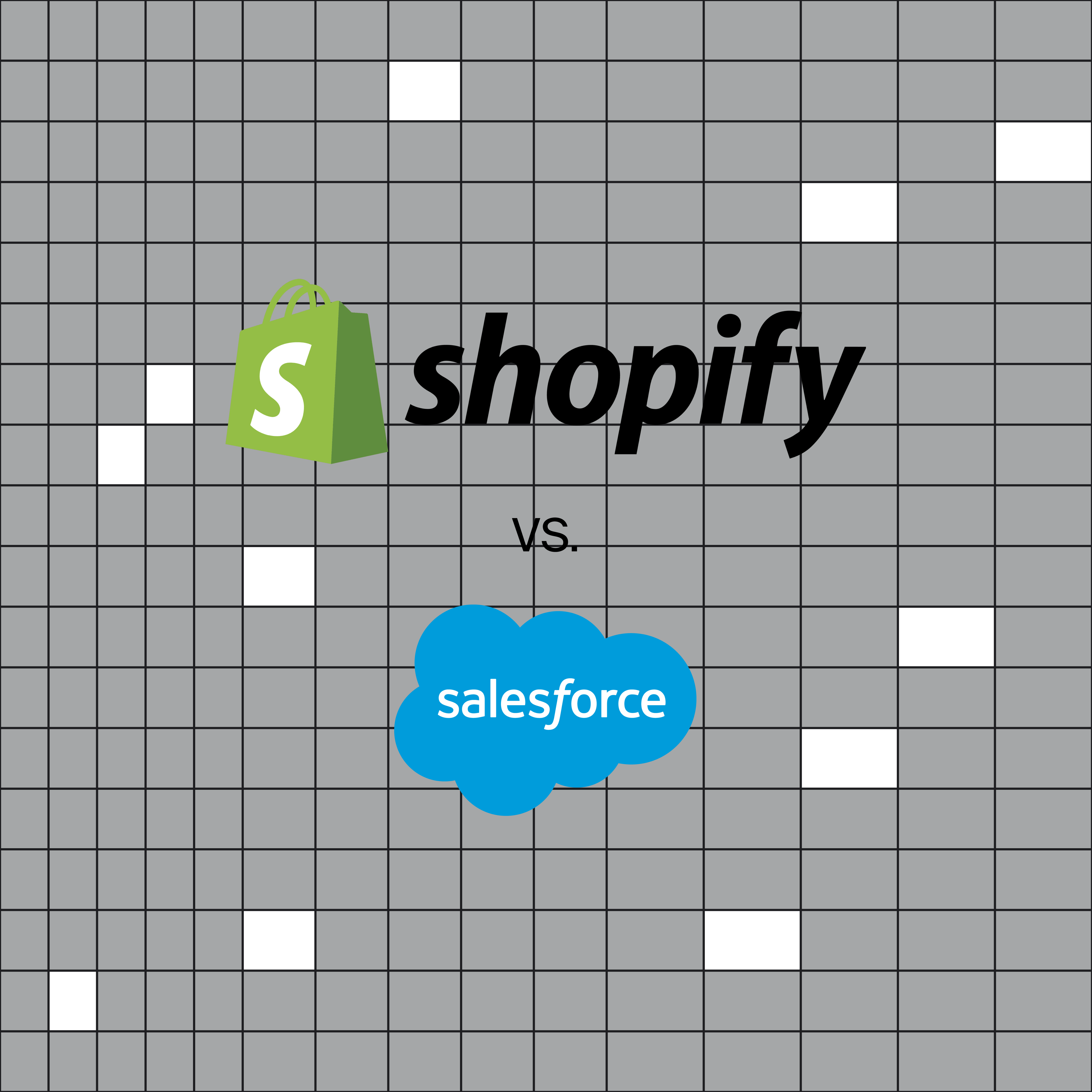 A geometric graphic background, with "Shopify vs Salesforce" superimposed on top