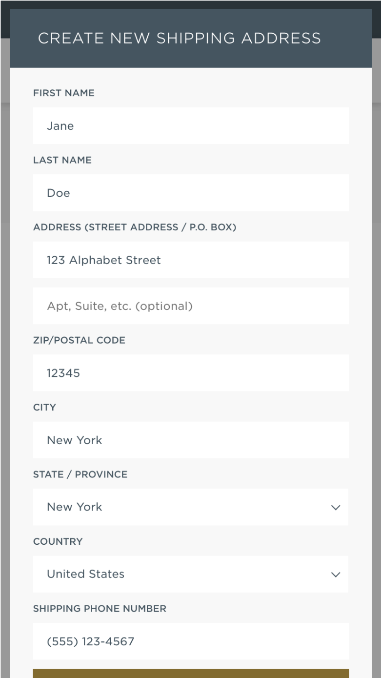 Mobile screenshot of Tea Forté's 'Add Shipping Address' feature