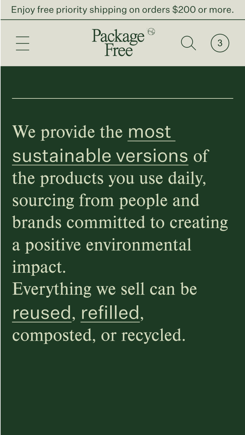 Mobile screenshot of Package Free's homepage mission statement