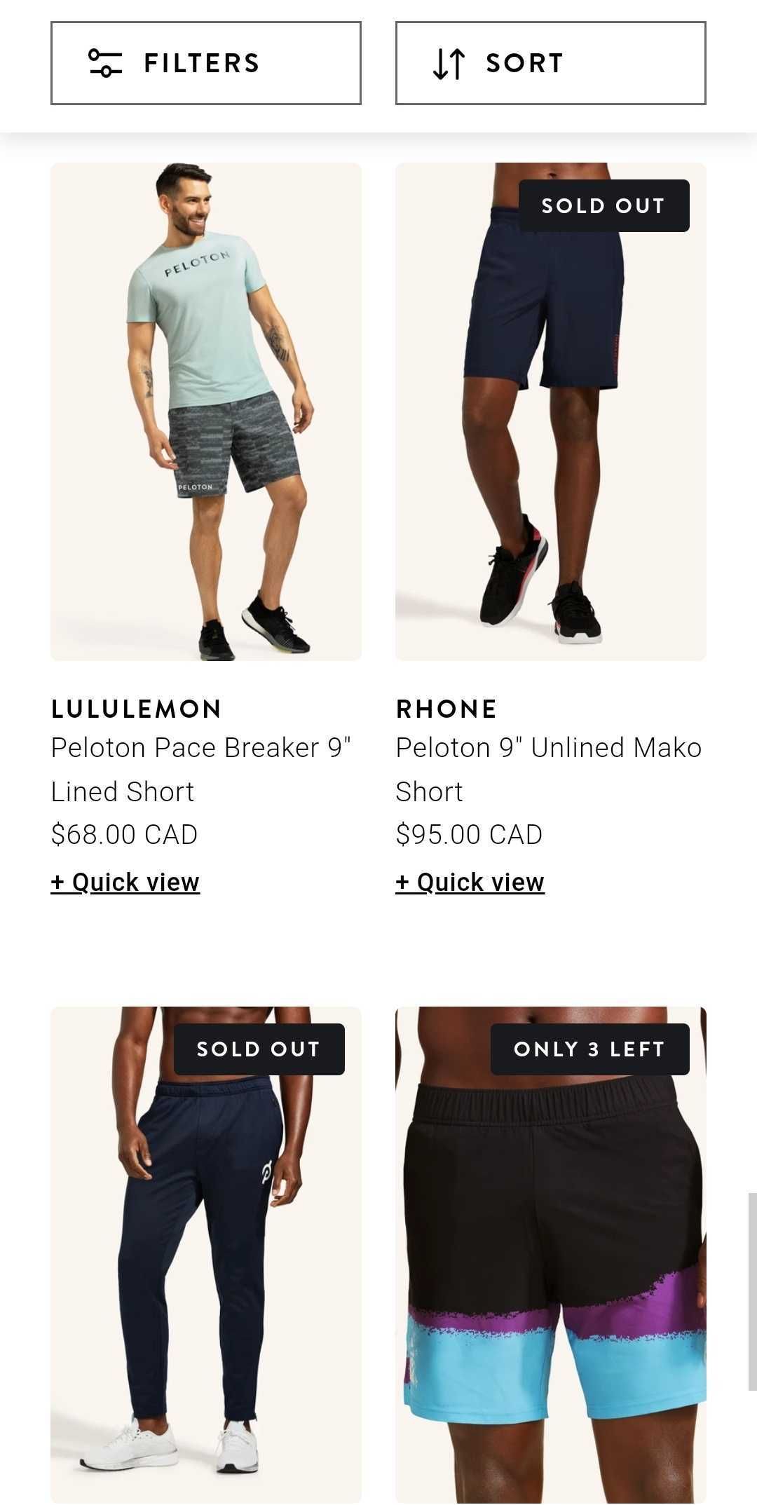 Mobile screenshot of Peloton Apparel's PLP featuring filter and sort