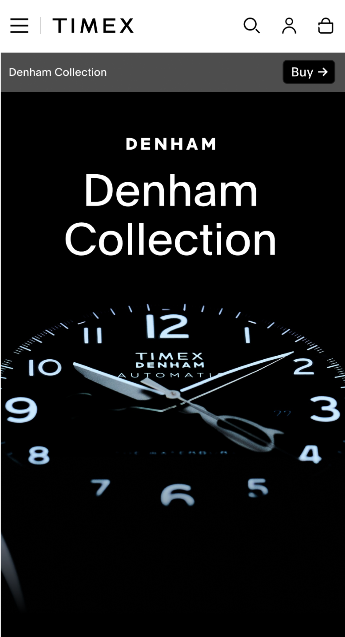 Mobile collection page on Timex's site featuring the Denham Collection