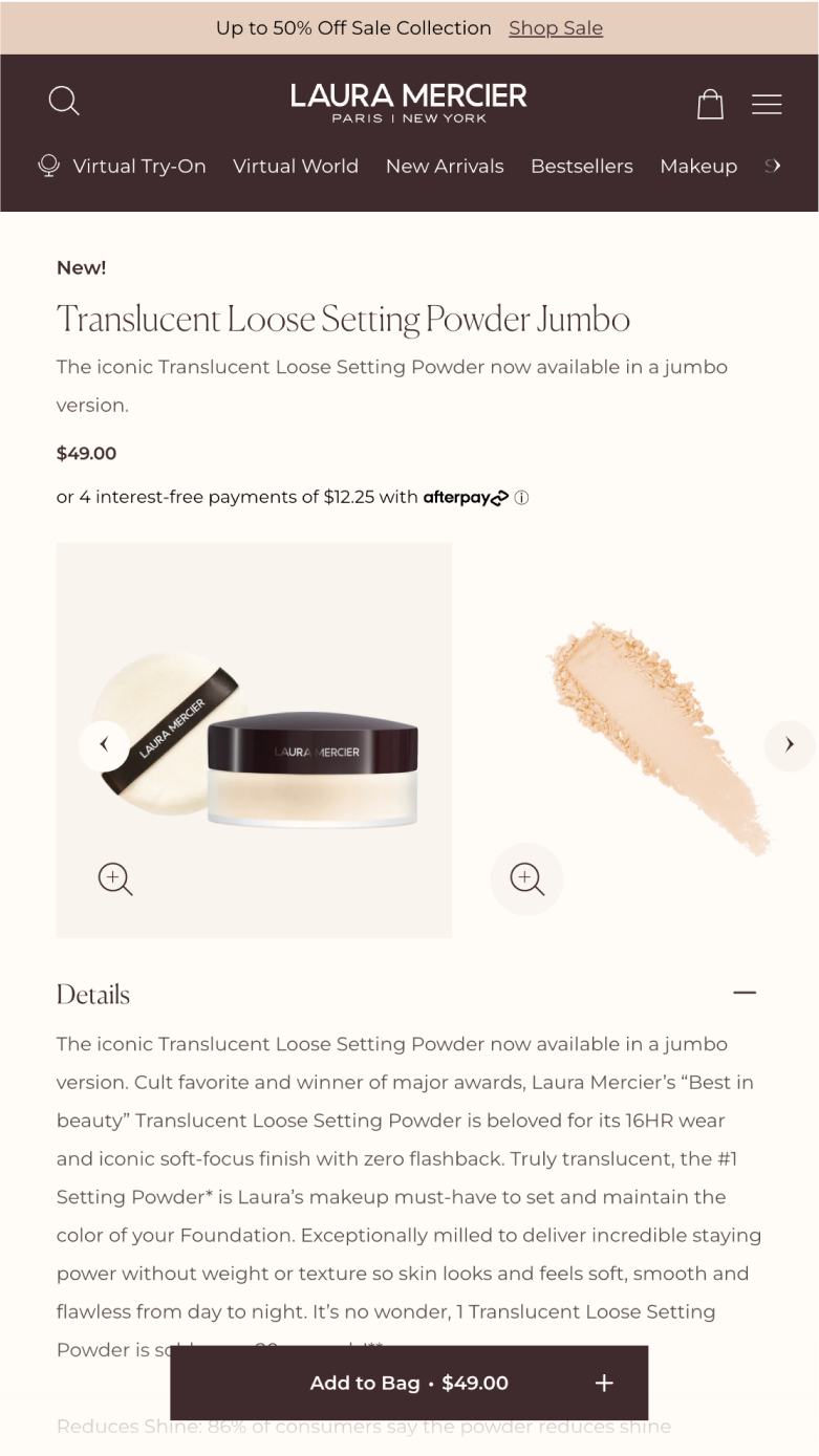 Mobile screenshot of Laura Mercier product details