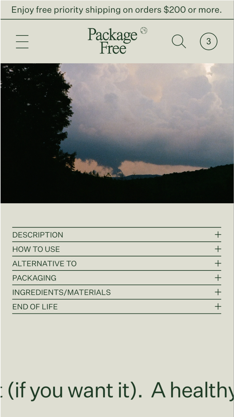 Mobile screenshot of Package Free's product detail accordions