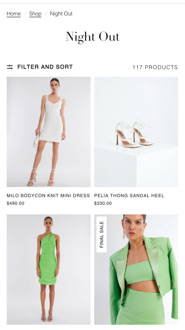 Mobile screenshot of BCBG's 'Night Out' collection page