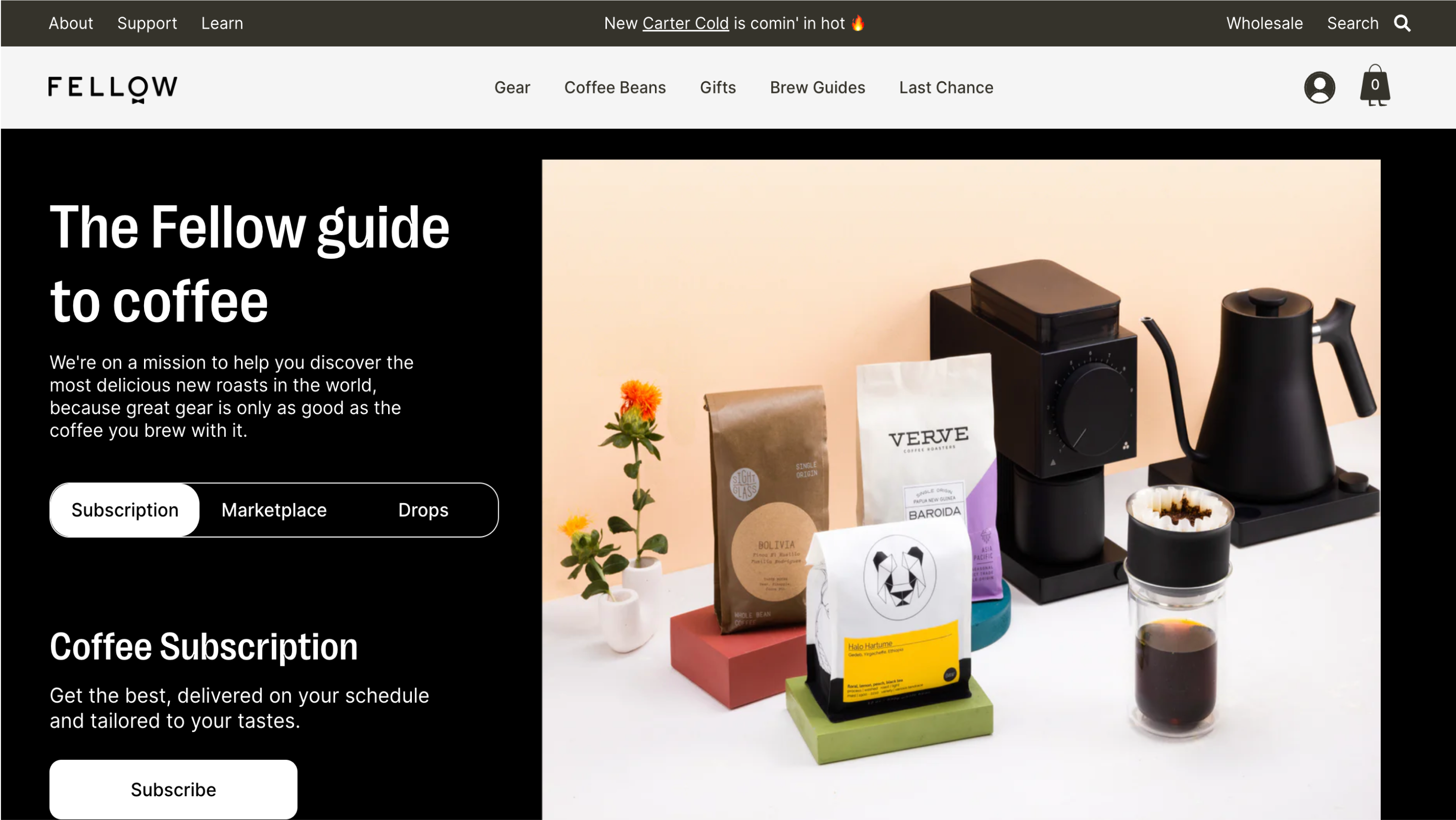 Desktop screenshot from Fellow's site showing the coffee subscription feature