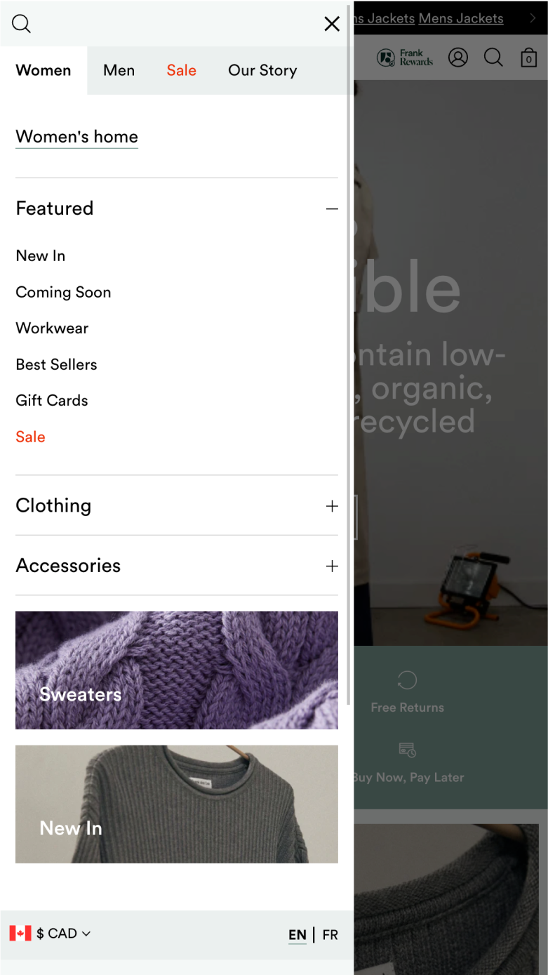 Mobile screenshot of Frank and Oak's navigation menu for Women's products