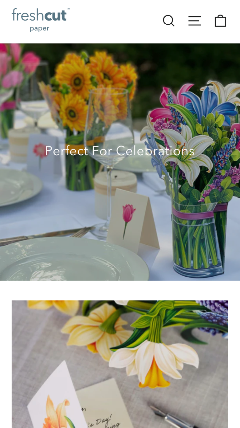 Mobile screenshot of Fresh Cut Paper's site, featuring the 'Perfect for Celebrations' collection