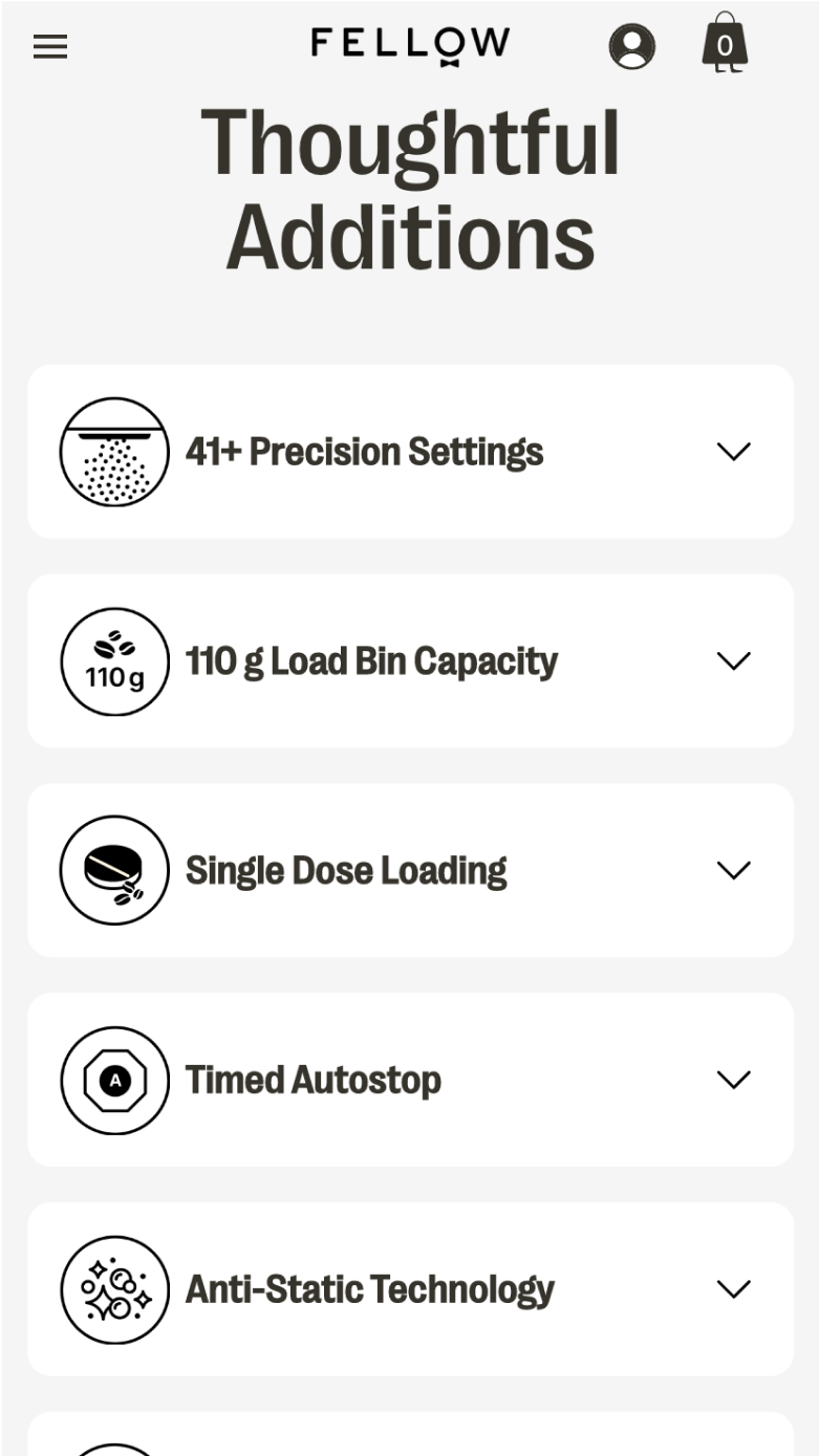 Mobile screenshot of Fellow's product grinder details