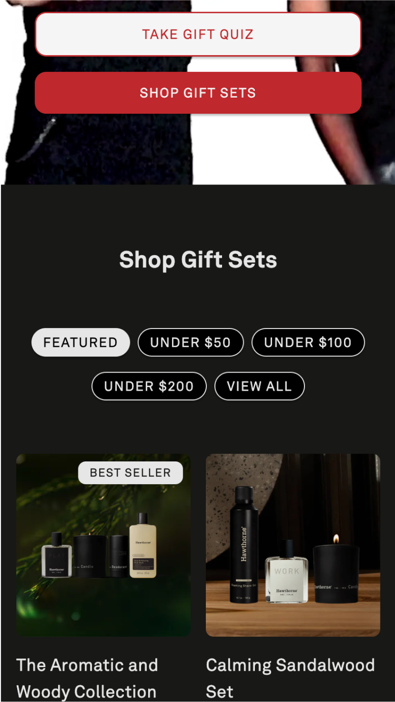 Mobile screenshot of Hawthorne's gifting filters