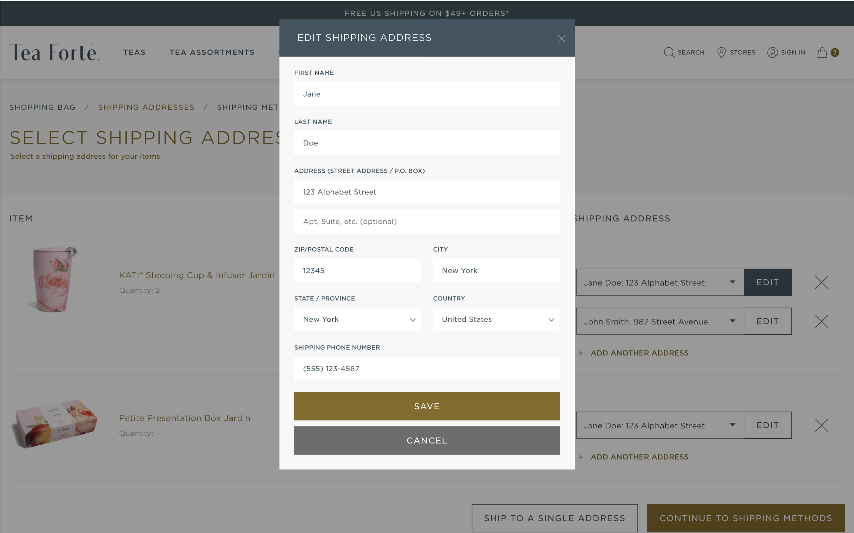Desktop screenshot of Tea Forté's 'Add Shipping Address' feature