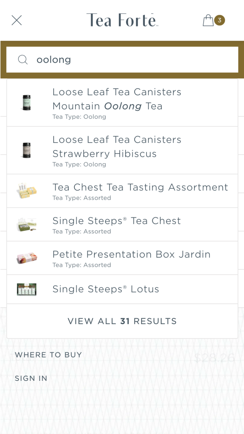 Mobile screenshot of Tea Forté's search feature