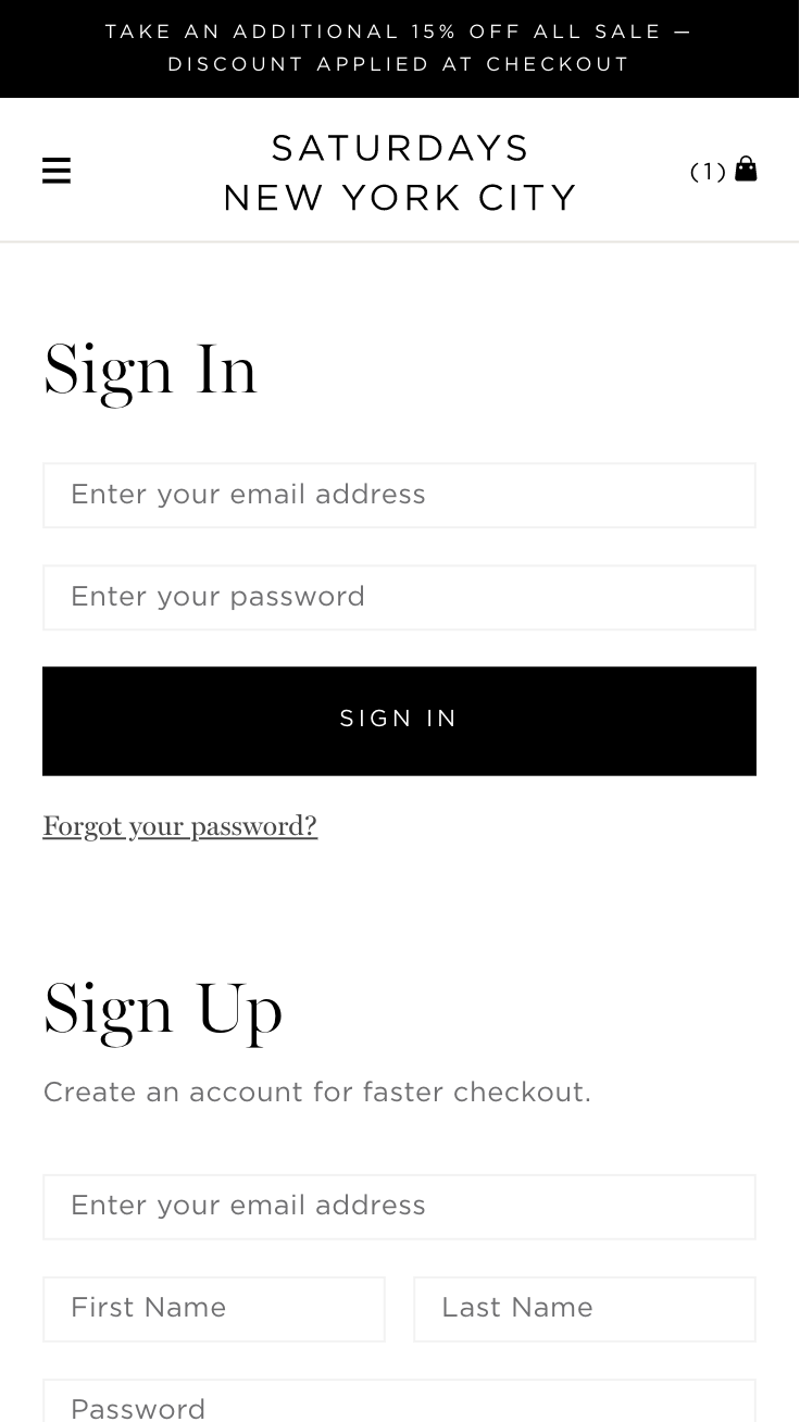 Mobile screenshot of Saturdays NYC's account sign in