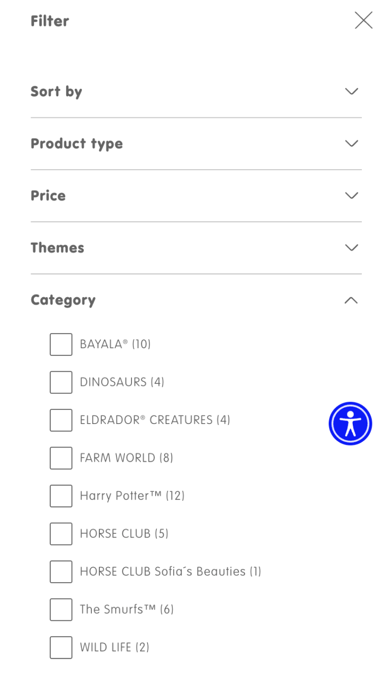 Mobile screenshot of the filter menu on Schleich's site