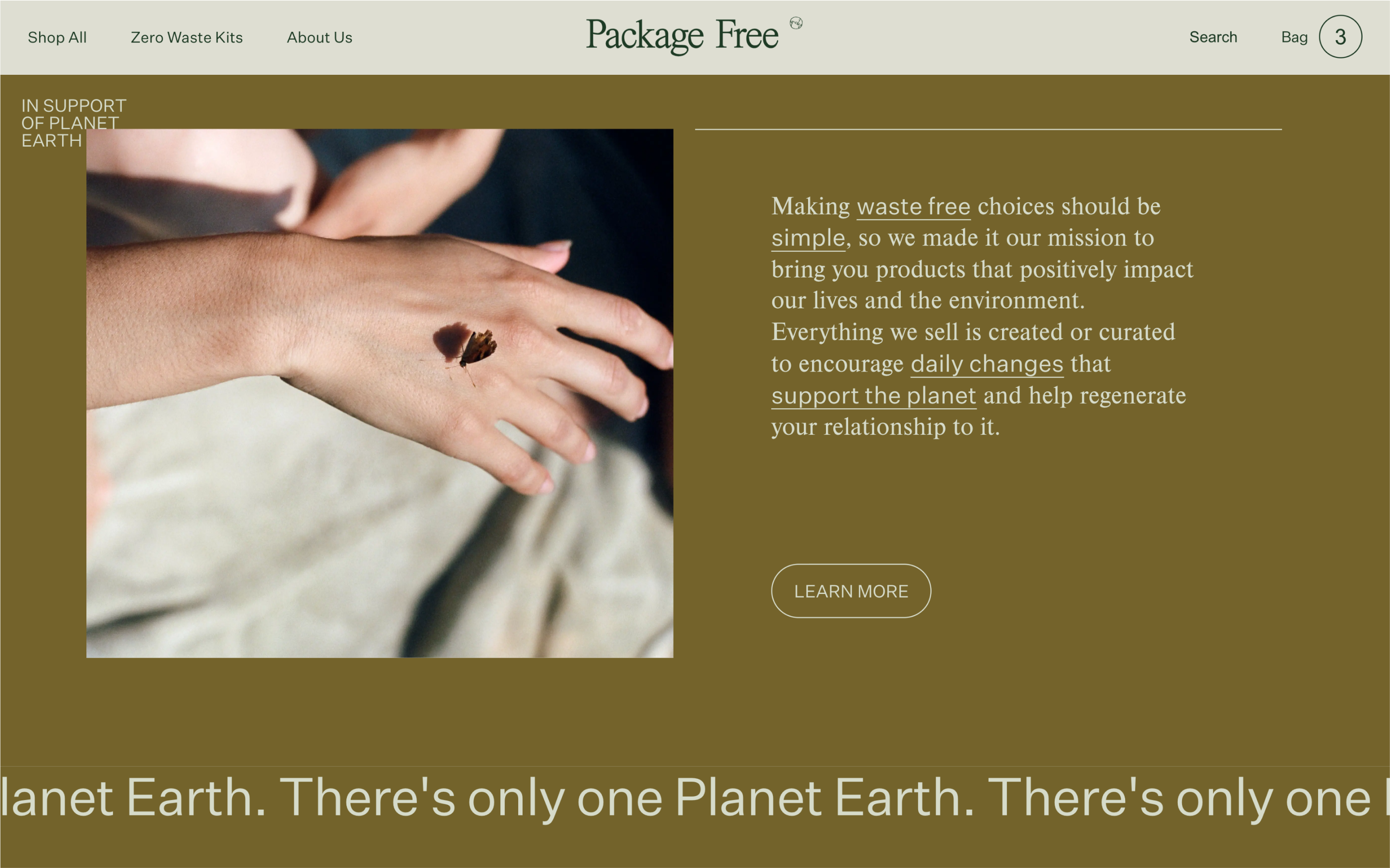 Desktop screenshot from Package Free's homepage sustainability section
