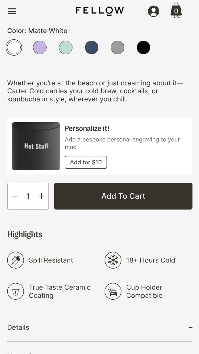 Mobile screenshot of Fellow's product page showing a personalization upsell