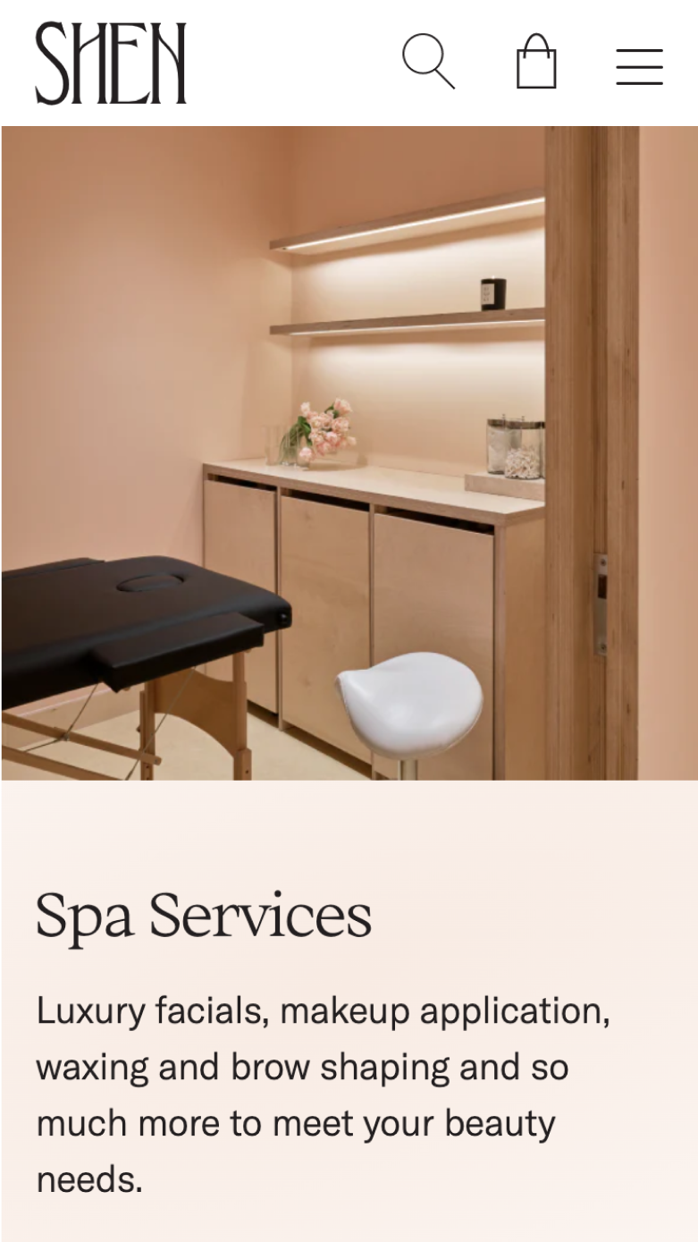 Mobile screenshot of Shen's spa services section