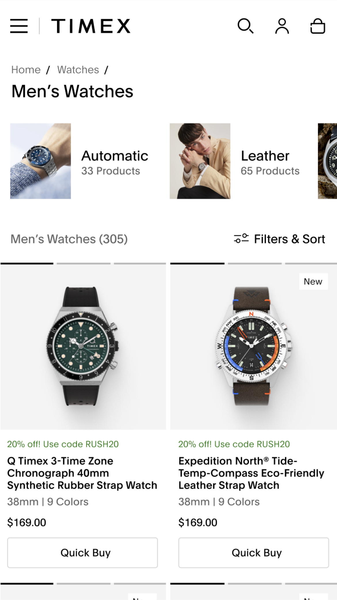 Mobile screenshot from Timex's PLP showing a few products