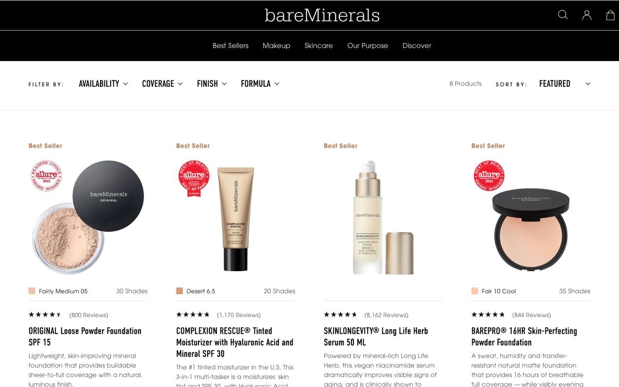 Desktop screenshot of a recommended products section on the bareMinerals site