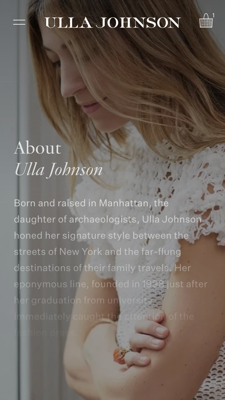 Mobile screenshot of Ulla Johnson's About page