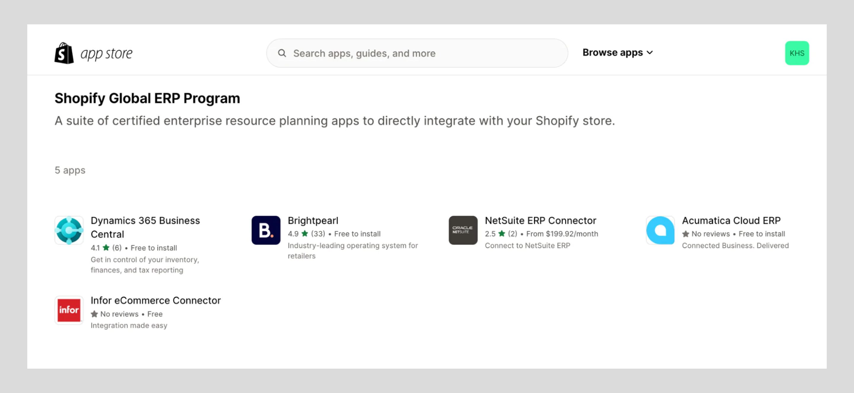 Screenshot of Shopify App Store’s ERP apps